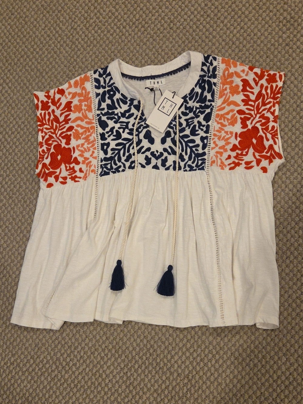 THML Knit Top w/ Navy Orange Floral Embroidery And Navy Tassels Sz L NWT